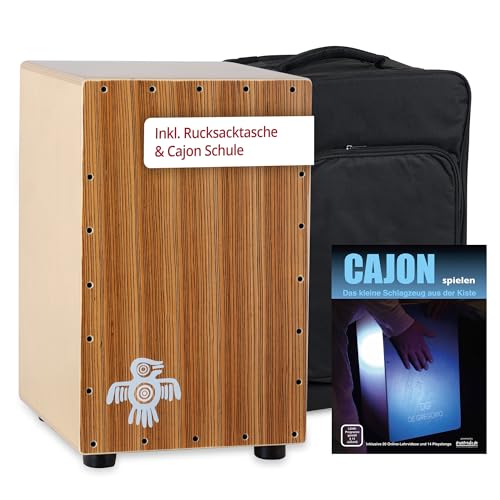 XDrum PERC CP-484 Cajon Peruana Zebrano Set (Set inkl. Cajon mit Birken-Korpus & Snareeffekt, passende Rucksack-Tasche für sicheren Transport & Aufbewahrung und Cajonschule für Einsteiger)