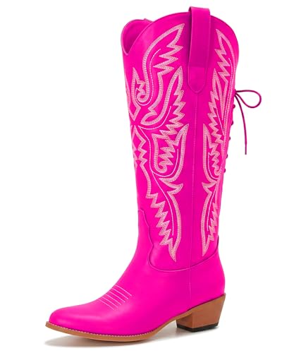 Image of Uillnoodu Wide Calf Cowboy Boots Women Adjustable Lace Up Knee High Tall Plus Size Cowgirl Boots Western Style Comfortable 2-Inch Heel