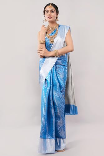 Image of Ambrarambh Cerulean Blue Silver Zari Woven Kanjivaram Silk Saree Brocade Pattern Traditional Ethnic Draping Wear