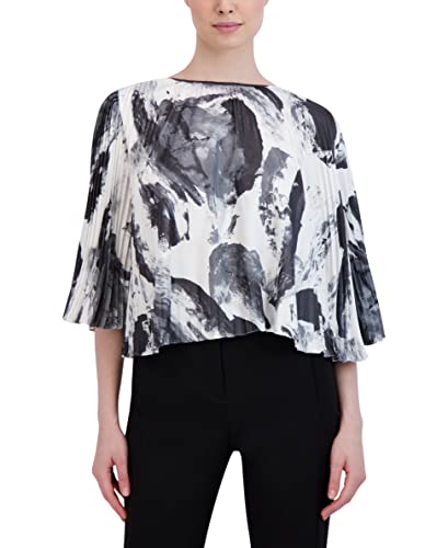 BCBGMAXAZRIA Cuello Redondo Holgado, Camisa Plisada, Negro/Blanco, S para Mujer