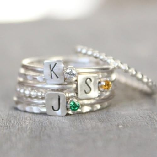 14K Gold Initial Birthstone Rings for Women Non-tarnish Trendy 925 Sterling Silver Stackable Custom Letter Rings Birthday Valentine's Day Mother's Day Gifts for Women Mom Wife Daughter Bridesmaid4