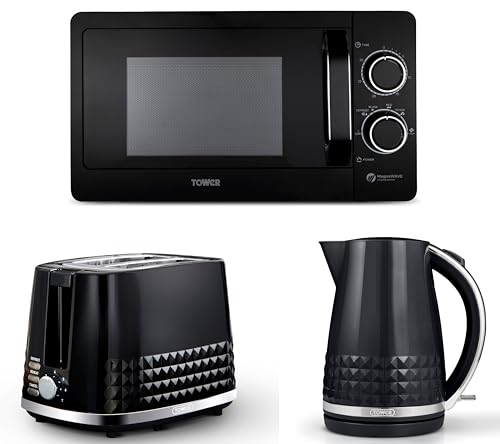 Tower Solitaire Black 1.5L 3KW Jug Kettle, 2 Slice Toaster & T24042BLK 800W 20 Litre Manual Microwave. Matching Modern Design Kettle, Toaster & Microwave Set in Black