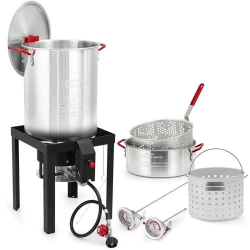 Kit combinado de freidora de pavo de 30 cuartos y freidora de pescado de 10 cuartos – Quemador de propano de 50,000 BTU, olla de caldera de cangrejos de mar de aluminio con cesta y soporte de quemador