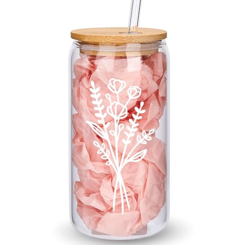 Cute Glass Cups with Lids and Straws, Aesthetic Iced Coffee Cup, Flower Mugs, Personalized Tumbler...