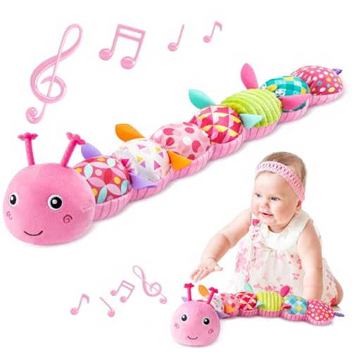 Image of Sumobaby Infant Baby Musical Stuffed Animal Toys for 0-3-6-12 Months,Multi Sensory Toys with Crinkle and Rattles, Tummy Time Toys for Newborn Boys Girls, Caterpillar, Pink