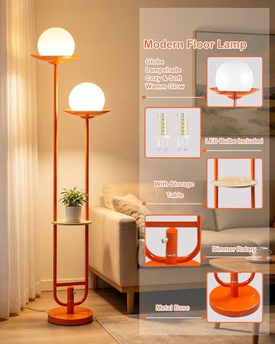 Image of Orange Dimmable Double Globe Floor Lamp with Shelf, 63 inch 2-Light Mid Century Modern Standing Lamp for Living Room Bedroom, 3000K Warm White Tall Pole Lamp with Foot Switch for Home Office