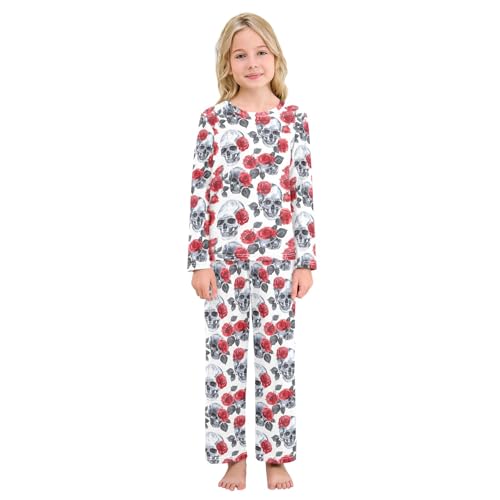 Bolaz Red Roses and Fashion Plastic Skull Loose Pajama Set, Long Sleeve Sleepwear Nightwear for 3-11 Y