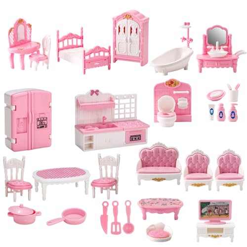 DAJASD 32 PCS Kit de Meubles de Maison de Poupée, Ensemble de Meubles de Maison de poupée, Accessoires de Maison de Poupé avec Chambre à Coucher, Salle Bain, Cuisine...