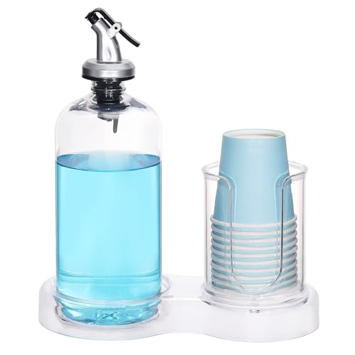 Image of Tbestmax Plastic Mouthwash Dispenser with Cup Holder, Clear Mouth Wash Pump Bottle with Tray for Bathroom Organizers, 16oz Refillable Mouthwash Container