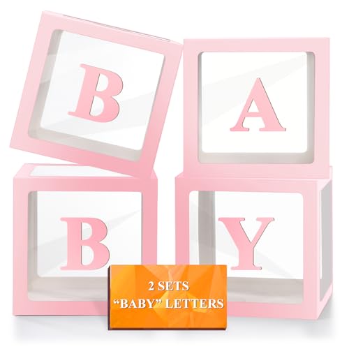 Image of Ledido Baby Boxes with Letters for Baby Shower Decorations, 4 pcs Clear Balloon Boxes with Letters for Boys Girls Gender Reveal Decorations Birthday Wedding Backdrop Party (Pink)