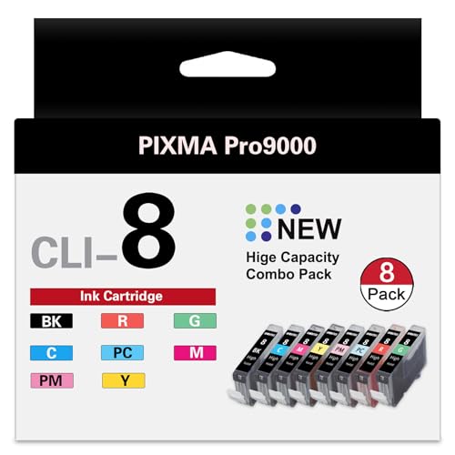 CLI-8 8 Color Multi Pack Ink Tank Vowdic Compatible Replacement for Canon CLI-8 Ink Cartridges with Pixma Pro9000 and Pro9000 Mark II Printer 8-Pack(1BK 1C 1M 1Y 1PC 1PM 1R 1G)