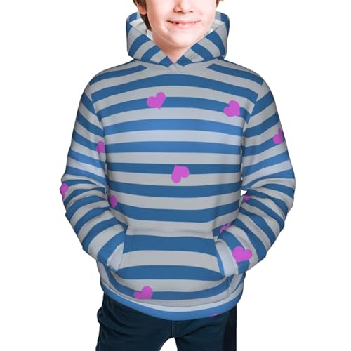 Blue White Striped Heart Boy, Girls Sports Shirt Youth Pullover Fashion Hooded Sweatshirt