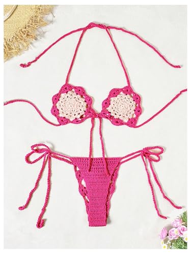 MakeMeChic Women's Crochet Knit Cover Up Set Strawberry Halter Bikini Top and Thong Swimsuit Set2