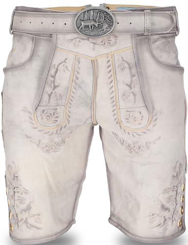 STEIGENHÖFER Lederhose Herren Tracht kurz - Franz - Vintage Trachtenhose mit Gürtel - 100% Rindsleder - Traditionelle Echtlederhose - Nubukleder - Ideal für Dein Oktoberfest Herren Outfit - Grau - 52
