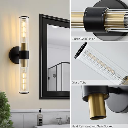 Image of Bathroom Light Fixtures, Black Gold Wall Sconce in Threaded Glass Vanity Light, Modern Bathroom Wall Light for Bedroom, Living Room - Bulb Not Included