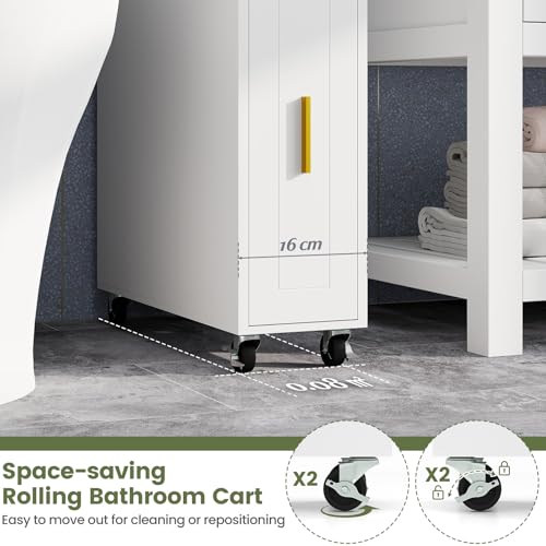 LIFEZEAL Badezimmerschrank klein, Nischenschrank mit Toilettenpapier-Box, Bürstenhalter & Schublade, Badschrank Nischenregal schmal für Waschküche, Wohnzimmer, Badezimmer (Weiß)