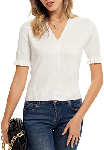 GRACE KARIN Women's Ruffle Short Sleeve V-Neck Button Down Open Front Ribbed Knit Shrug Sweater