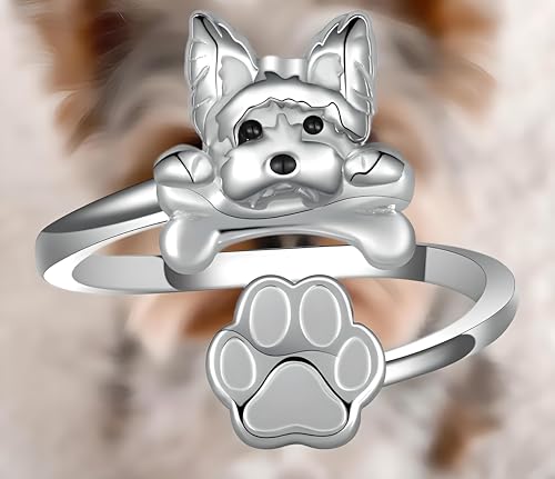German Shepherd, Yorkie, Pug Dog Paw Adjustable Ring, Sterling Silver, Paw Print Design with Crystal Accents - Christmas, Birthday, or Party Ring2