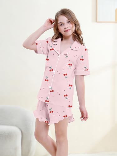 QZH.DUAO 3 Piece Girls Pajama Sets 100% Cotton Ruffle Long Pants with Shorts Sleepwear 3pcs Button Down PJs 5-14 Years3