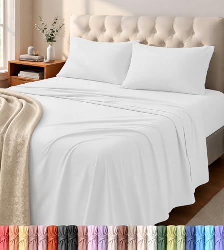 Utopia Bedding Queen Sheet Set - Jersey Knit Sheets 4 Piece – Cotton – Soft T-Shirt Stretchy Sheets (White)