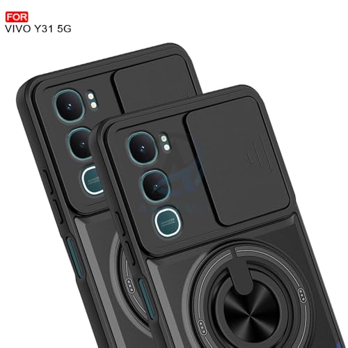 Image of AESTMO Vivo Y31 5G Back Cover | Armor Camera Slider 360 Degree Rotating Finger Ring Holder Case with Bracket Stand Back Case Cover for Vivo Y31 5G (Compatible with MagSafe Accessories) (Black)
