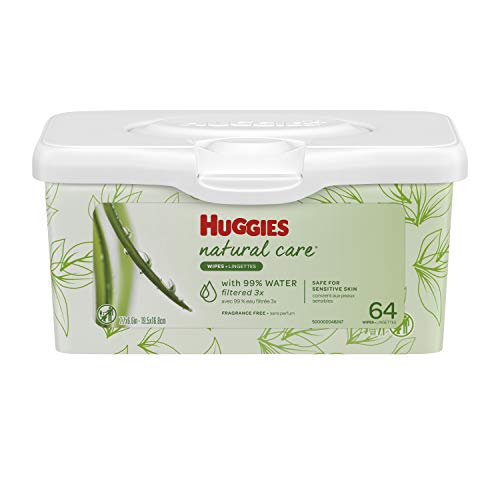 HUGGIES Natural Care Unscented Baby Wipes, Sensitive, Water-Based, Refillable Pop-Up Tub, 64 Count Total