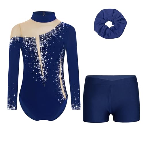 RUNQHUI Enfant Fille Justaucorps de Gymnastique Short Strass Brillant Ensemble Tenue Patinage Artistique Danse Spectacle B Bleu Marine 9-10 ans