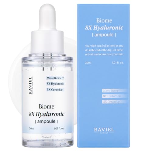 RAVIEL Biome 8 ampollas de ácido hialurónico, hidratación duradera y 5 suero de barrera de ceramida para pieles sensibles | Cuidado de la piel coreano (30 ml/1.01 fl.oz.)
