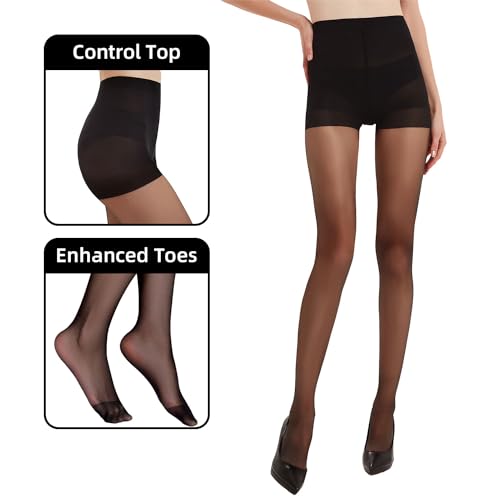 Citystl 2 Pack Black Sheer Tights for Women - 20D Not Rip Control Top Pantyhose with Reinforced Toes, Resist Tears2