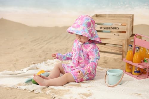 UNIFACO Infant Baby Girl Swimsuit Full Zipper Bathing Suit with Sun Hat UPF 50+ Long Sleeve Rash Guar Swim Suit2