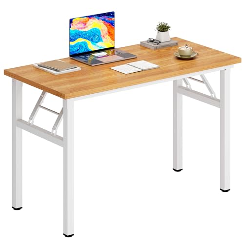 DlandHome Folding Desk Small Desk 31.5 inches Computer Desk for Home Office Folding Table Writing Table for Small Spaces No Assembly Required Teak & White Frame