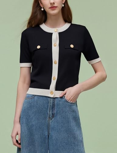 Bozanly Womens Short Sleeve Cardigan Summer Crew Neck Button Up Cropped Knitted Dressy Tops 20252