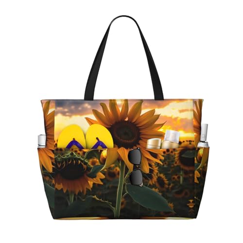 Farm Sunflower Large Capacity Beach Travel Bag, Foldable Beach Bag with Zipper, Great for Grocery Bag Pool Gym Travel Shopping