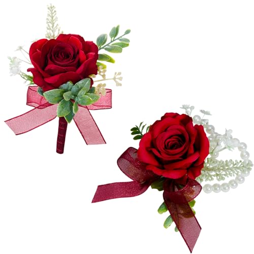 AuroraAria Red Corsage and Boutonniere Set Silk Prom Corsage Wristlet Band Bracelet for Homecoming Wedding Prom Suit Accessories