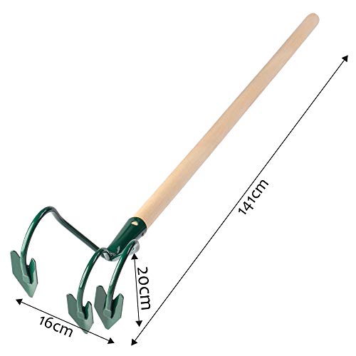 KADAX Grubber, Gartenkralle, Gartenhacke zum Lockern des Bodens, Kultivator für Garten, Handgrubber aus Metall, Blumenkralle, Gartenzubehör, Blumenharke, Bodenlüfter (3 Zinken, mit Holzstiel) – Bild 4