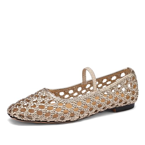 Image of Woven Mesh Ballet Flats Shoes for Women with Elastic Strap Square Toe Breathable Slip On Flat Mary Janes Dress Casual Shoes