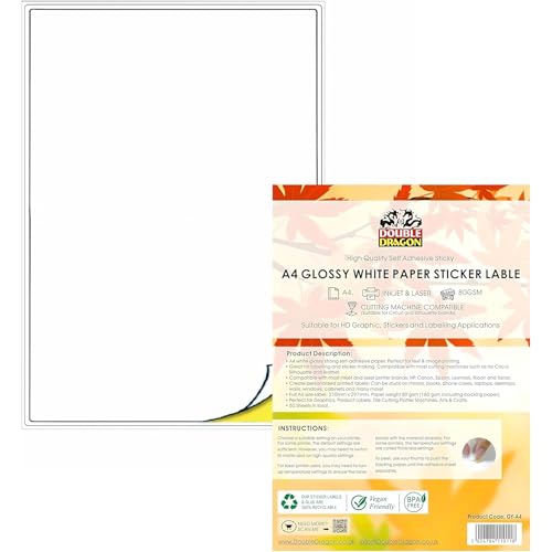 Double Dragon 50 Feuilles Papier Autocollant A4 Blanc Mat, Auto-adhésif, Étiquettes Personnalisables pour Impression Jet d'Encre & Laser, Séchage Rapide