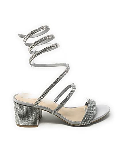 Wild Diva Women's Larina-192 Rhinestone Spiral Ankle Strap Low Block Heeled Sandals Heels3