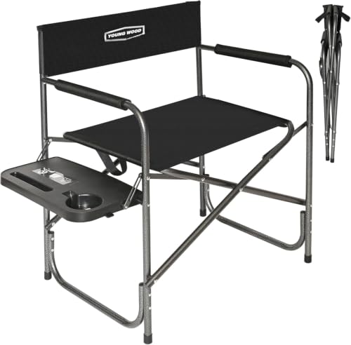 YOUNG WOOD Silla Director de Camping, Plegable Ligera Sobredimensionada con Mesa Lateral y Bolsillos de Almacenamiento para Camping, Césped, Picnic y Pesca, Soporta 400 libras (Negra)