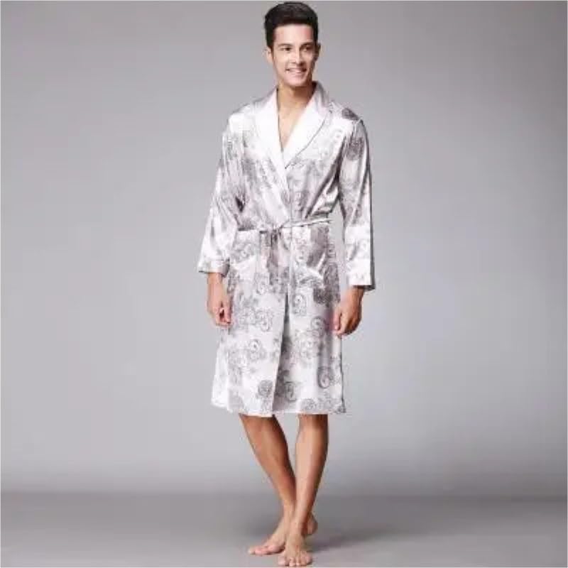 Szlafrok męski gładki，Szlafrok męski satynowy， Szata z długim rękawem, satynowy nadruk Smok Feniks Suknia kimono, codzienne ubrania domowe, luźna piżama L-XXL