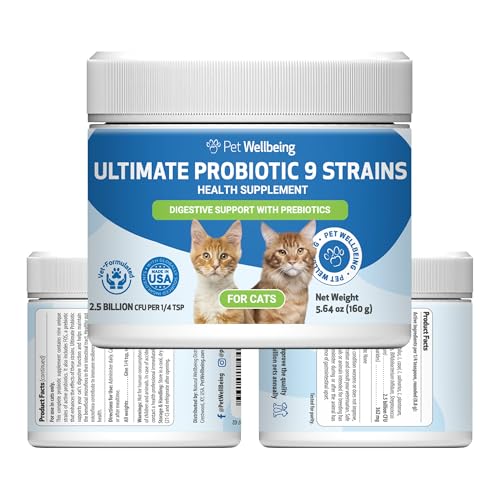 Pet Wellbeing Ultimate Probiotic 9 Strains with Prebiotics for Cats – Supports the Gut Microbiome and Digestion, Immune System Care, Urinary Tract Health, FOS, 2.5 billion CFU – 5.64 oz (160 g) Powder
