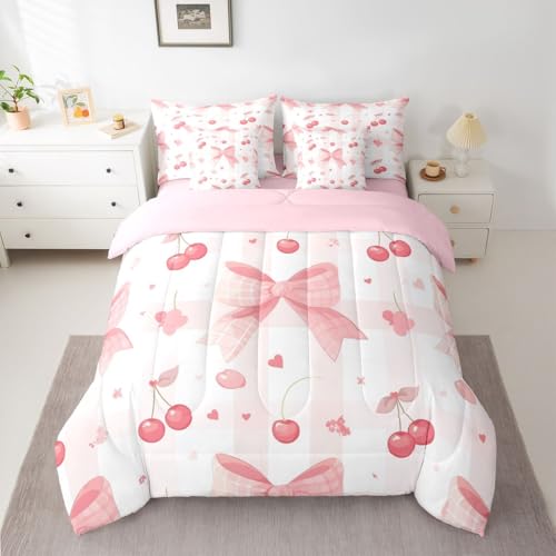 Image of Pink Cherry Bow Bed in a Bag Queen Comforter Set 7 Piece | Kawaii Bow Tie Bedding Sets Dreamy Princess Bowknot Comforter and Sheet Set, Watercolor Ribbon Bowknot Bed Sets,Cute Room Decor