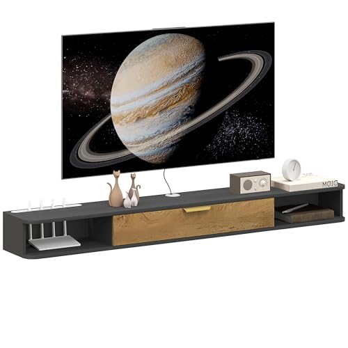 HOMCOM Meuble TV Suspendu Meuble télé Bois Banc TV Mural avec Compartiments Ouverts, Porte Rabattable et Passe-câbles, pour Salon Chambre à Coucher, 160 x...