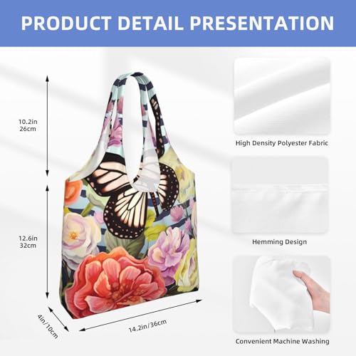 (Striped Flower Butterfly) Large Tote Shoulder Bag Fashion Canvas Handbag Reusable Shopping Bag Travel Bag For Women4