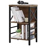 Small Bookcase,3 Tier Industrial Bookshelf with Metal Frame and Backboard,Low Rustic Brown Book Shelf,Book case for Small Spaces,Living Room,Bedroom and Home Office