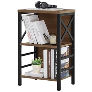 Small Bookcase,3 Tier Industrial Bookshelf with Metal Frame and Backboard,Low Rustic Brown Book Shelf,Book case for Small Spaces,Living Room,Bedroom and Home Office