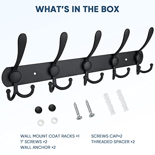 TICONN Wall Mounted Coat Rack, Five Heavy Duty Tri Hooks All Metal Construction for Jacket Coat Hat in Mudroom Entryway (Matte Black, 1-Pack) by TICONN - Image 5