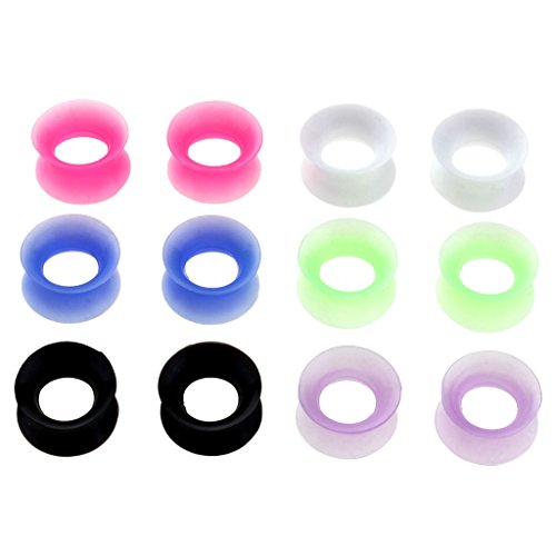 PiercingJ 12pcs Ultra Thin Silicone Double Flared Flexible Tunnel Ear Stretching Plug Gauge - 6 Pairs