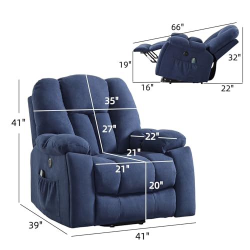 Image of CANMOV Power Lift Recliner Chair with Massage and Heat for Elderly, Overstuffed Wide Recliners, Heavy Duty and Safety Motion Reclining Mechanism with USB Ports, 2 Concealed Cup Holders, Navy Blue