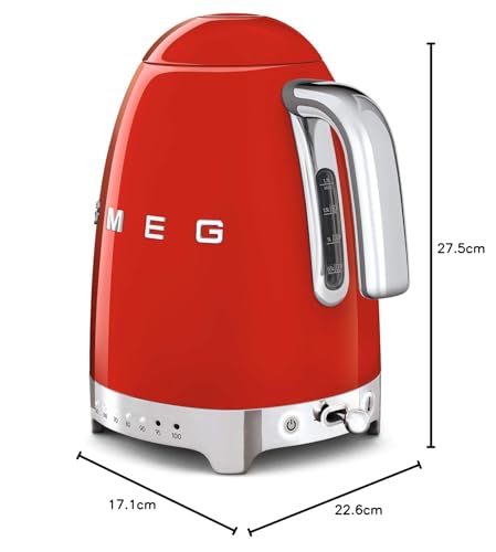 Smeg, Bouilloire à Température Variable KLF04RDEU 1,7 L, Plusieurs Température, Filtre Anticalcaire Lavable, Arrêt Automatique de Sécurité, Indicateur de Niveau d'Eau, Range Câble, 2400W, Rouge